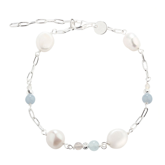 Sølv armbånd med blå og hvide perler