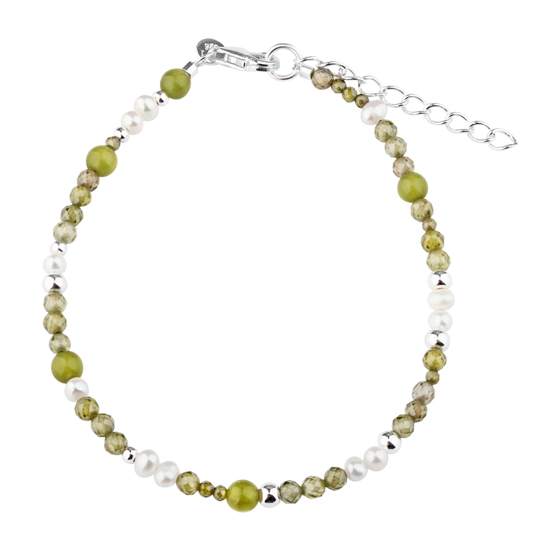 Aqua Dulce Aya Olive armbånd i 925 sterling sølv med grøn jade, glas og hvide perledetaljer