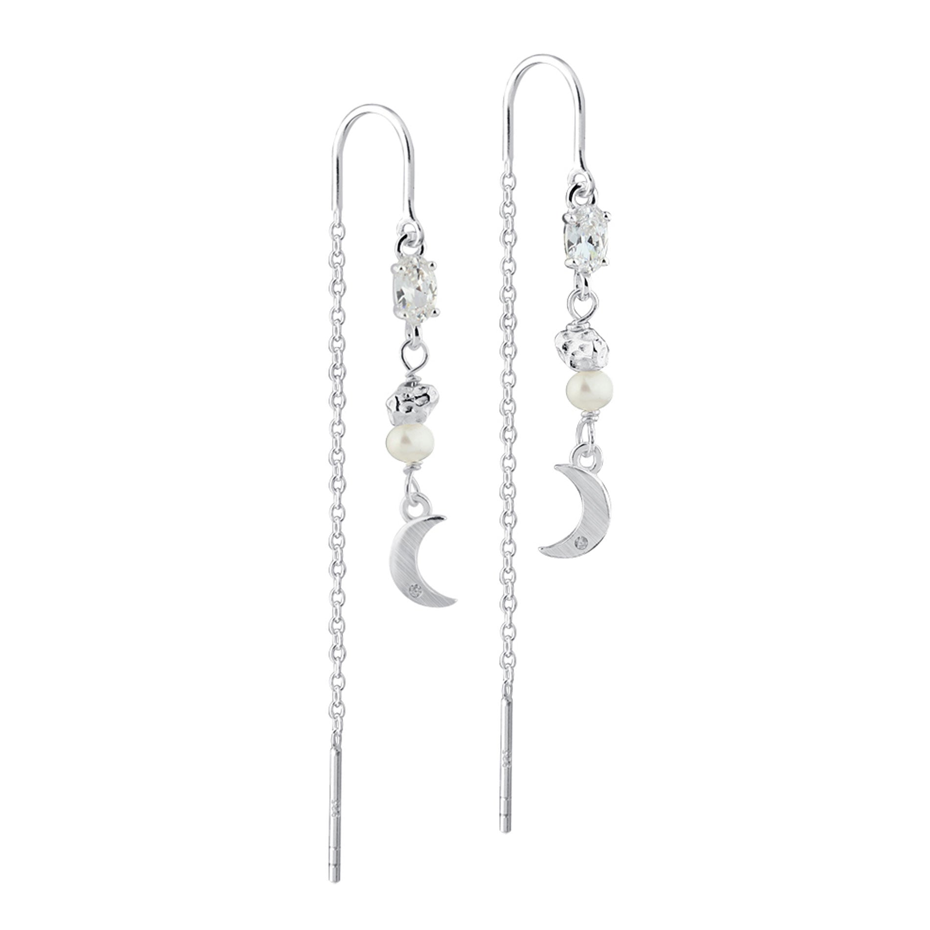 Aqua Dulce Blush Pearl Thread øreringe i 925 sterlingsølv med klare zirkonia, perledetalje og halvmåne