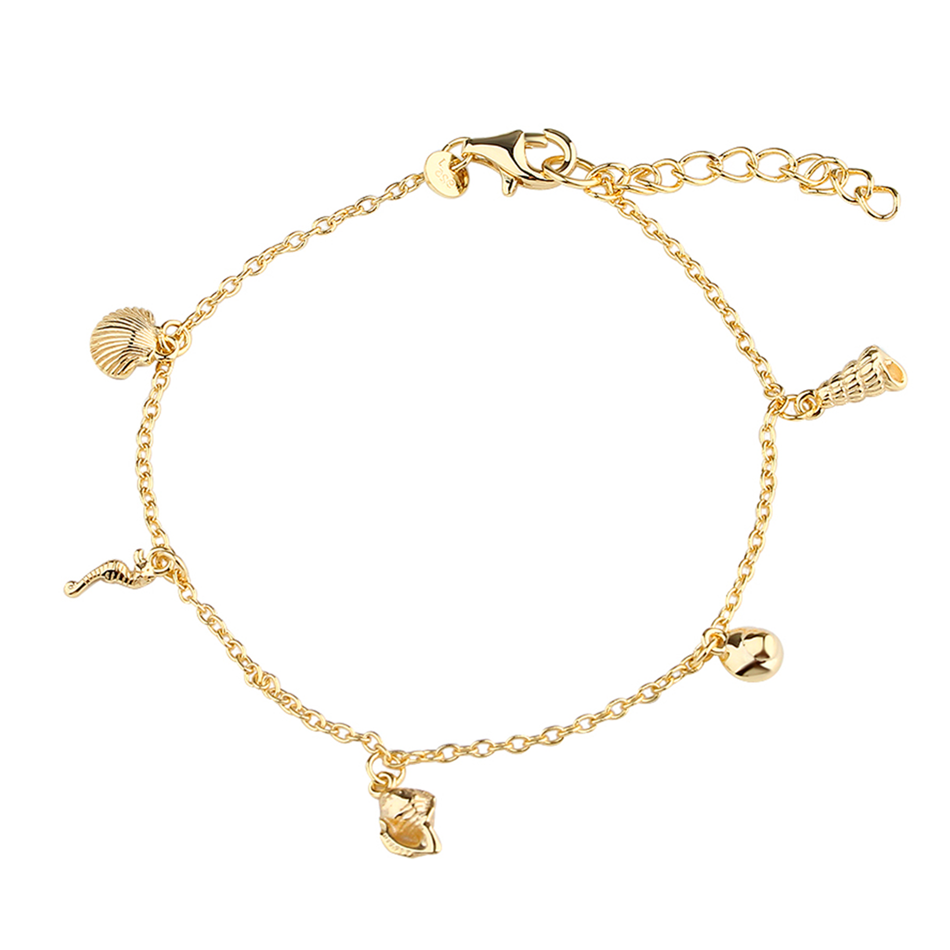 Aqua Dulce Costa armbånd i forgyldt 925 sterlingsølv med havinspirerede vedhæng som musling, konkylie og søhest.