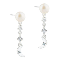 Aqua Dulce Dreamlit Pearl Charm øreringe i sterling sølv med ferskvandsperler, stjerner, måne og klar zirkonia