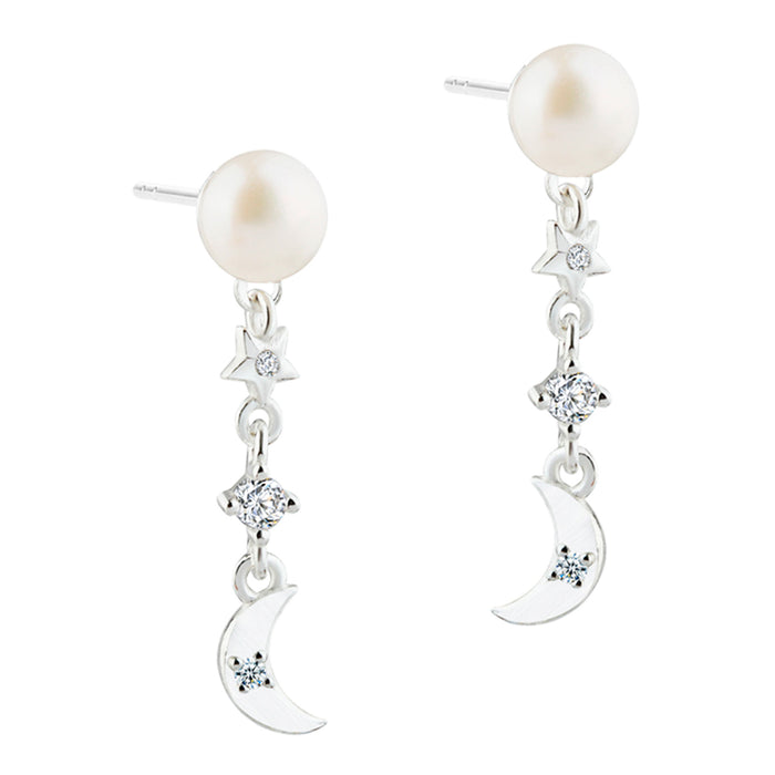 Aqua Dulce Dreamlit Pearl Charm øreringe i sterling sølv med ferskvandsperler, stjerner, måne og klar zirkonia