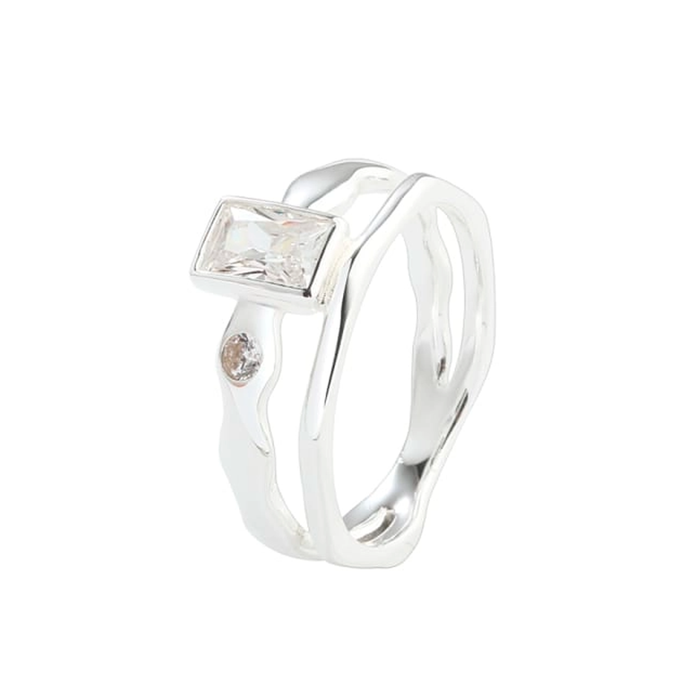 Aqua Dulce Edge ring i 925 sterlingsølv med rektangulær og rund zirkonia