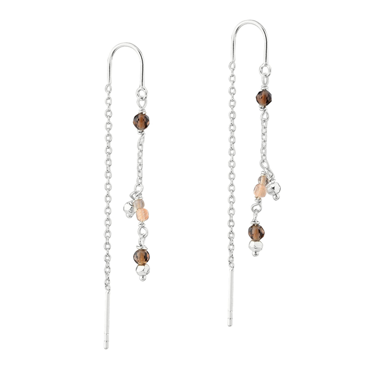 Aqua Dulce Meadow Brown Thread øreringe i 925 sterling sølv med facetteret røgkvarts og ferskenfarvede sunstones