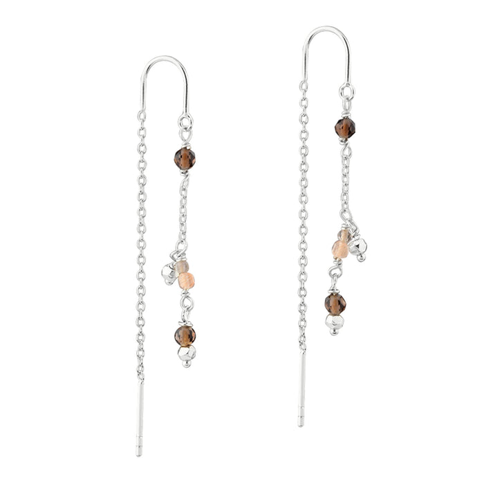 Aqua Dulce Meadow Brown Thread øreringe i 925 sterling sølv med facetteret røgkvarts og ferskenfarvede sunstones