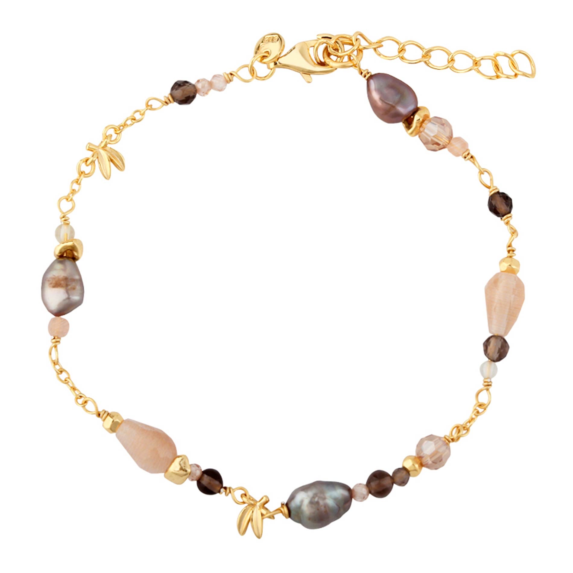 Aqua Dulce Meadow Mix armbånd i 14 kt. forgyldt sterling sølv med brun ferskvandsperle, Peach Sunstone og Smokey Quartz