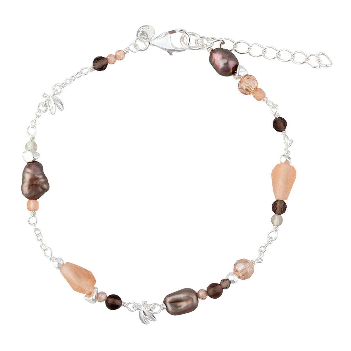 Aqua Dulce Meadow Mix armbånd i sterling sølv med brune ferskvandsperler, Peach Sunstone og Smokey Quartz