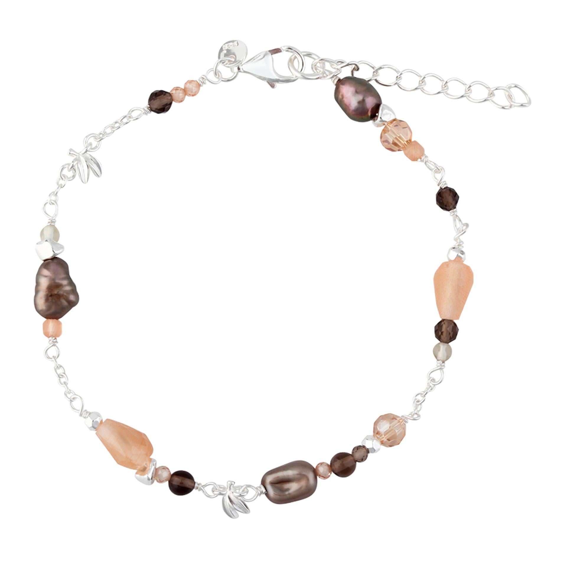 Aqua Dulce Meadow Mix armbånd i sterling sølv med brune ferskvandsperler, Peach Sunstone og Smokey Quartz