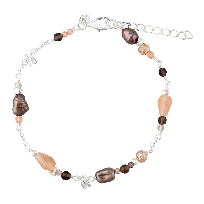 Aqua Dulce Meadow Mix armbånd i sterling sølv med brune ferskvandsperler, Peach Sunstone og Smokey Quartz