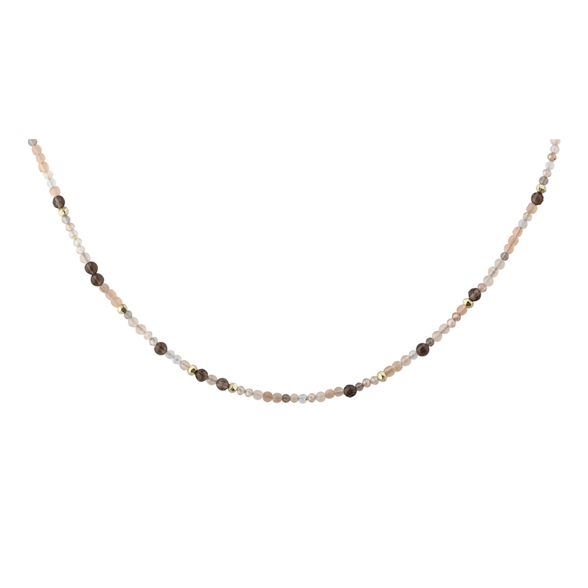 Aqua Dulce Meadow Mix halskæde i forgyldt sølv med Peach Sunstone, brune ferskvandsperler og Smokey Quartz