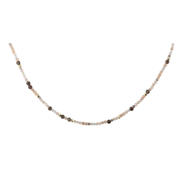 Aqua Dulce Meadow Mix halskæde i forgyldt sølv med Peach Sunstone, brune ferskvandsperler og Smokey Quartz