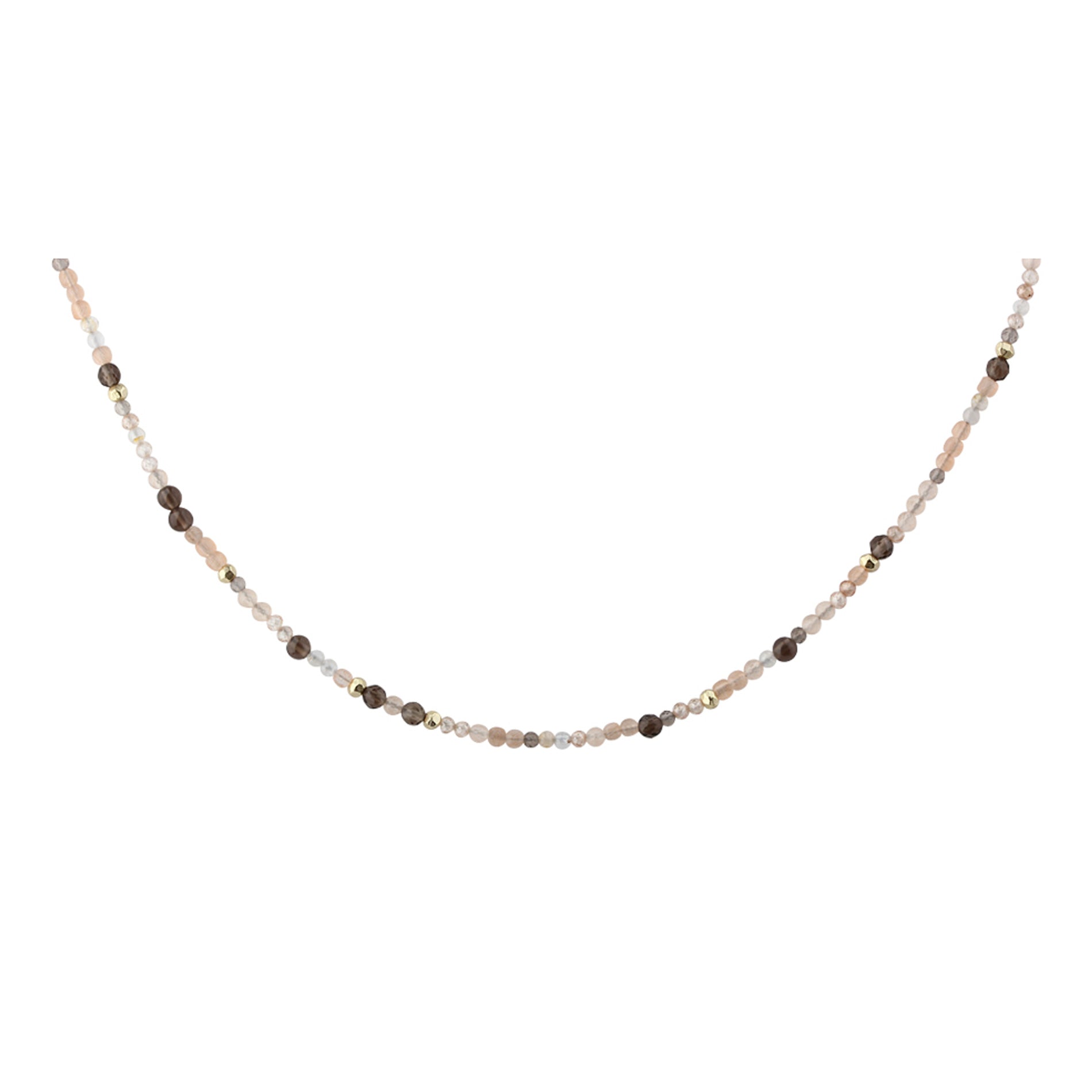 Aqua Dulce Meadow Mix halskæde i forgyldt sølv med Peach Sunstone, brune ferskvandsperler og Smokey Quartz