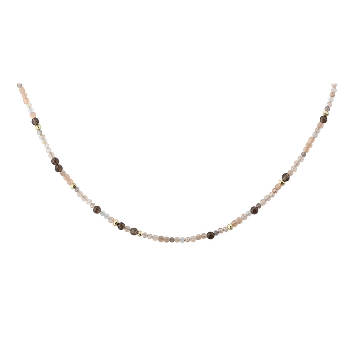 Aqua Dulce Meadow Mix halskæde i forgyldt sølv med Peach Sunstone, brune ferskvandsperler og Smokey Quartz