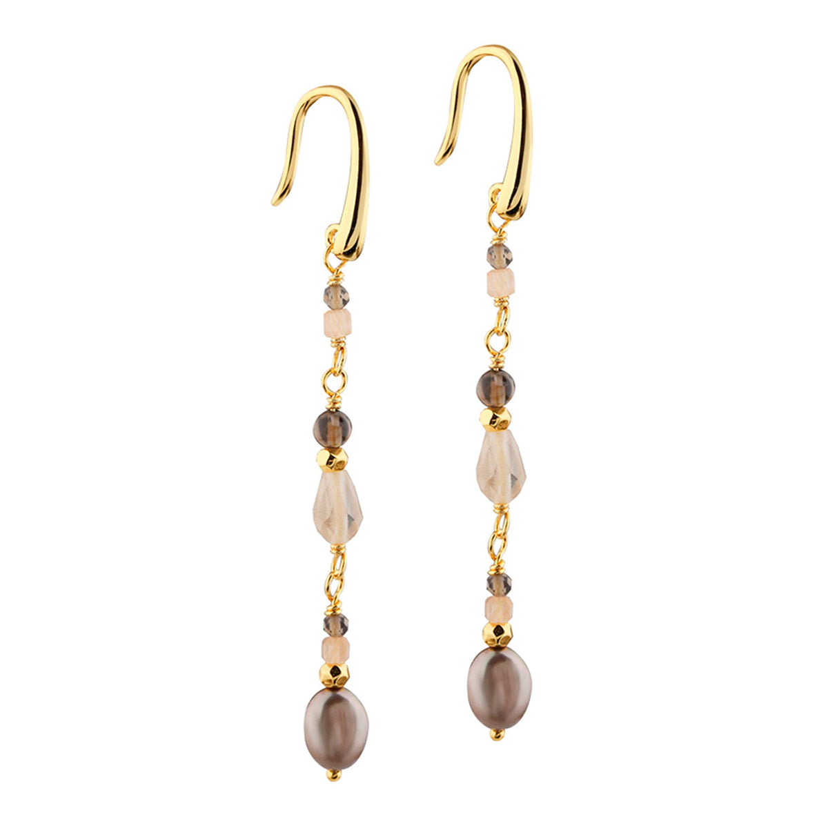 Aqua Dulce Meadow Mix øreringe i forgyldt 925 sterling sølv med ferskenfarvet sunstone, røgkvarts og brun ferskvandsperle