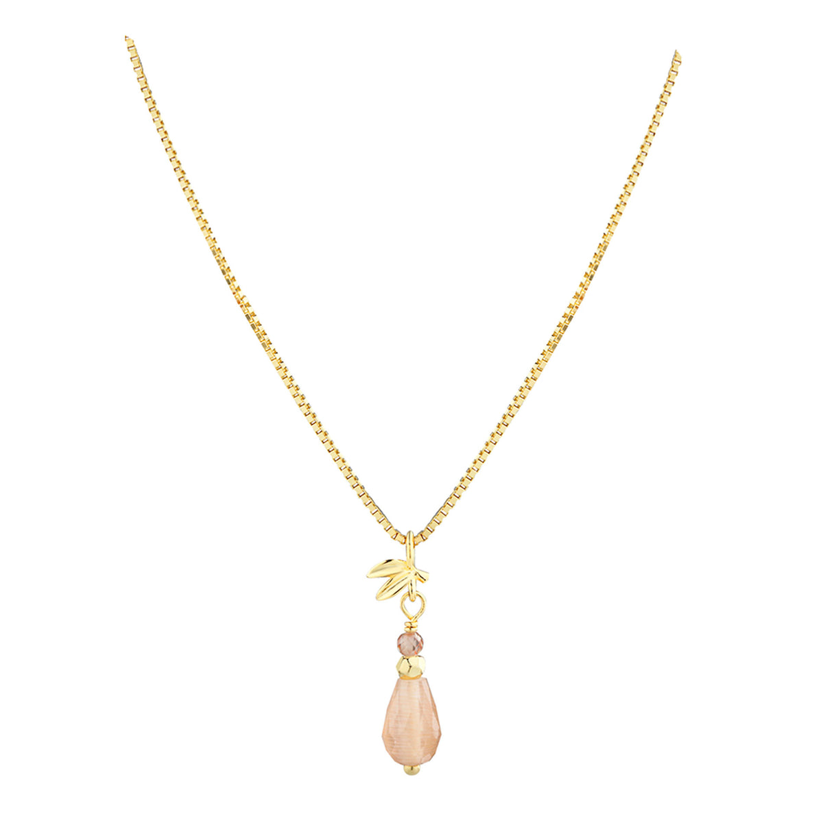 Aqua Dulce Meadow Rose halskæde i forgyldt 925 sterling sølv med ferskenfarvet sunstone og Meadow-bladdetalje