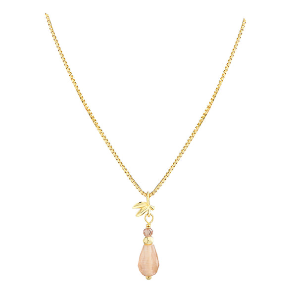 Aqua Dulce Meadow Rose halskæde i forgyldt 925 sterling sølv med ferskenfarvet sunstone og Meadow-bladdetalje