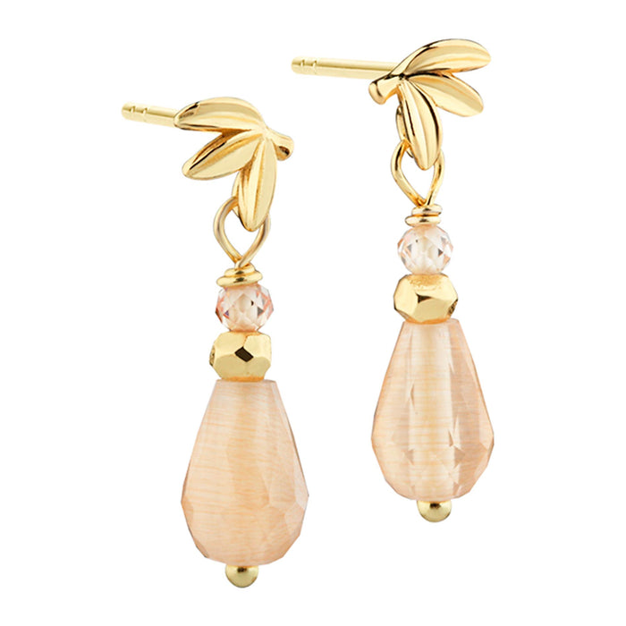 Aqua Dulce Meadow Rose øreringe i forgyldt 925 sterling sølv med ferskenfarvede sunstones og bladformede detaljer