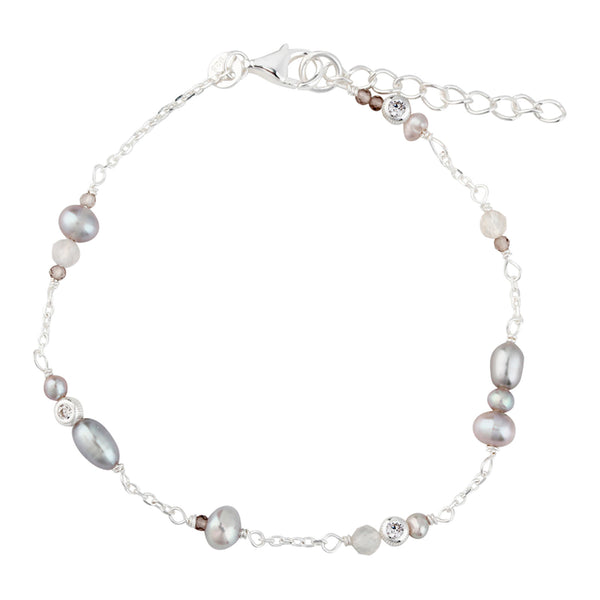 Aqua Dulce Whisper armbånd i 925 sterling sølv med grå ferskvandsperler, grå kvarts og klare zirkonia