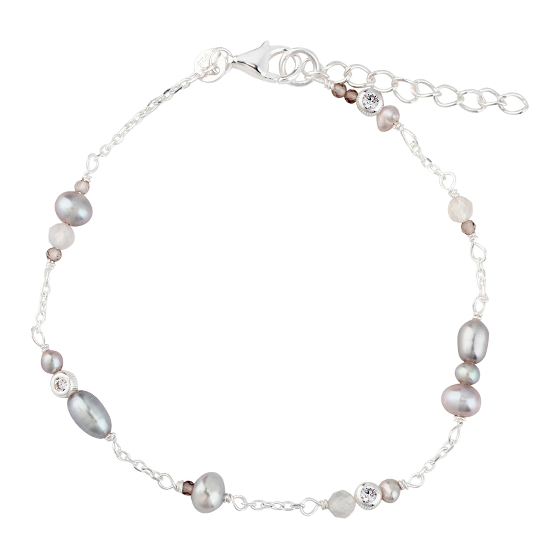 Aqua Dulce Whisper armbånd i 925 sterling sølv med grå ferskvandsperler, grå kvarts og klare zirkonia