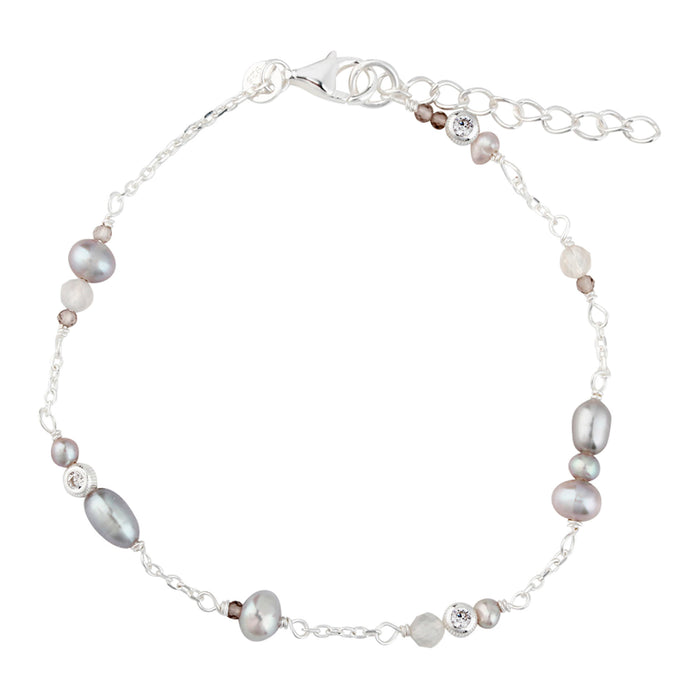 Aqua Dulce Whisper armbånd i 925 sterling sølv med grå ferskvandsperler, grå kvarts og klare zirkonia