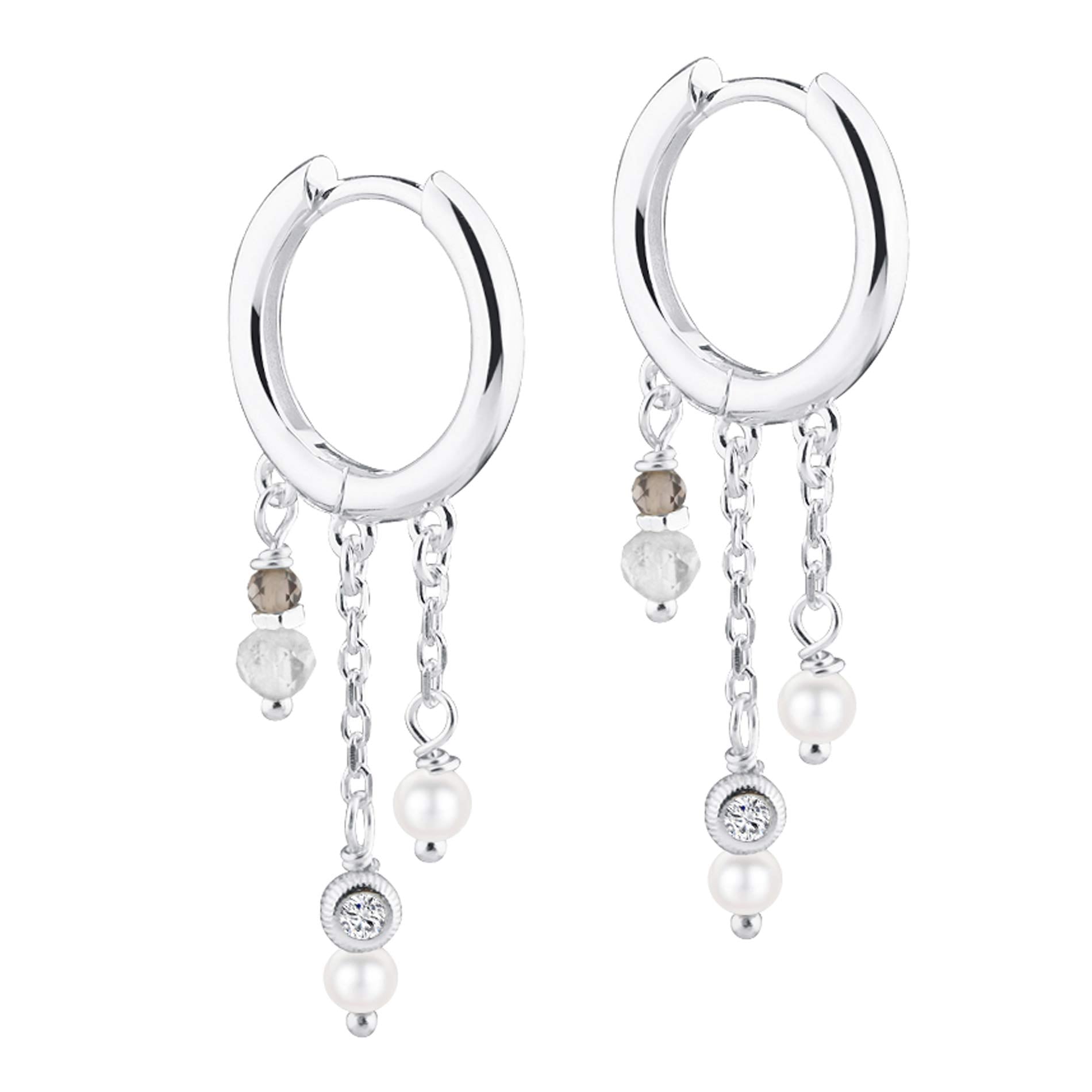 Aqua Dulce Whisper Hoop øreringe i 925 sterling sølv med grå ferskvandsperler, grå kvarts og zirkonia