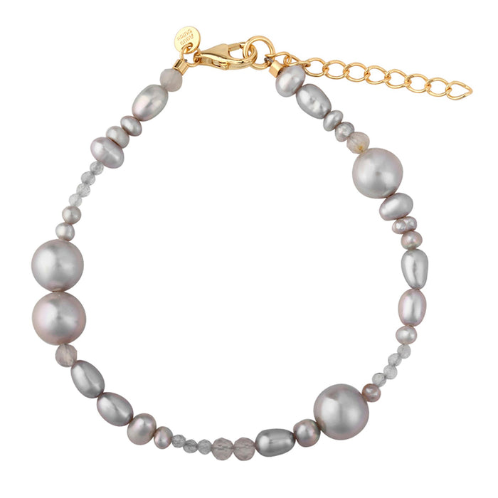 Aqua Dulce Whisper Pearl armbånd i 14 kt forgyldt sterling sølv med grå ferskvandsperler, grå kvarts og klare zirkonia