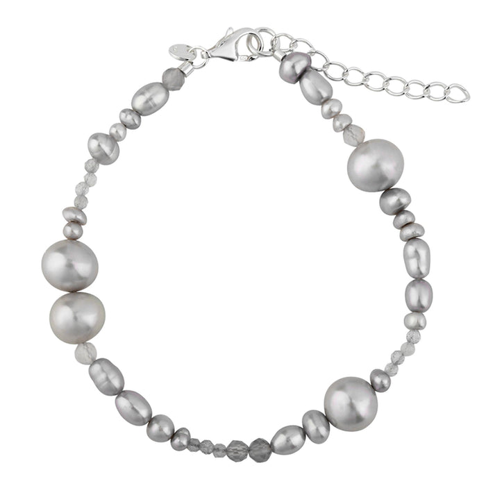 Aqua Dulce Whisper Pearl armbånd i sterling sølv med grå ferskvandsperler, grå kvarts og klare zirkonia