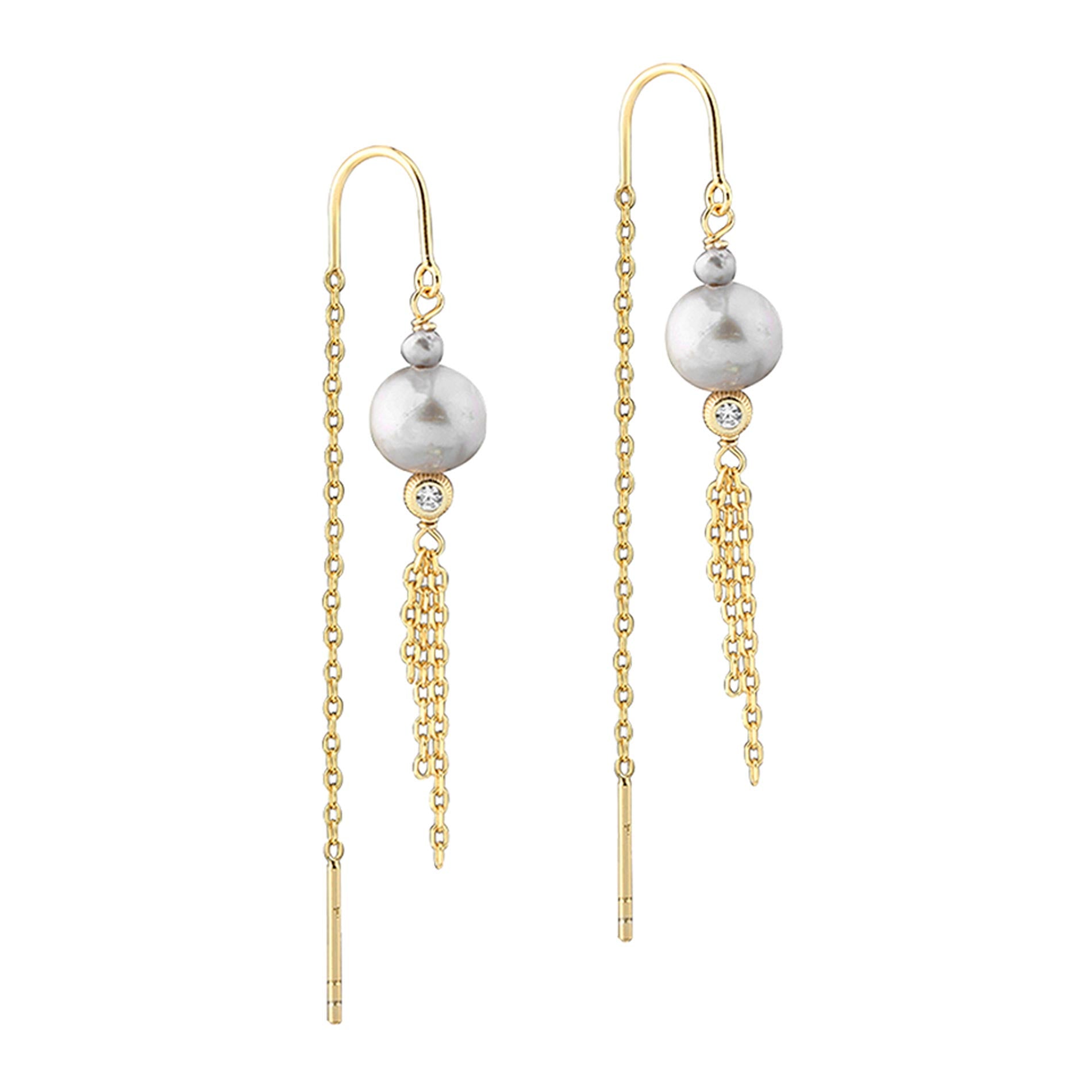 Aqua Dulce Whisper Pearl Thread øreringe i 14 kt forgyldt sterling sølv med grå ferskvandsperle og klar zirkonia