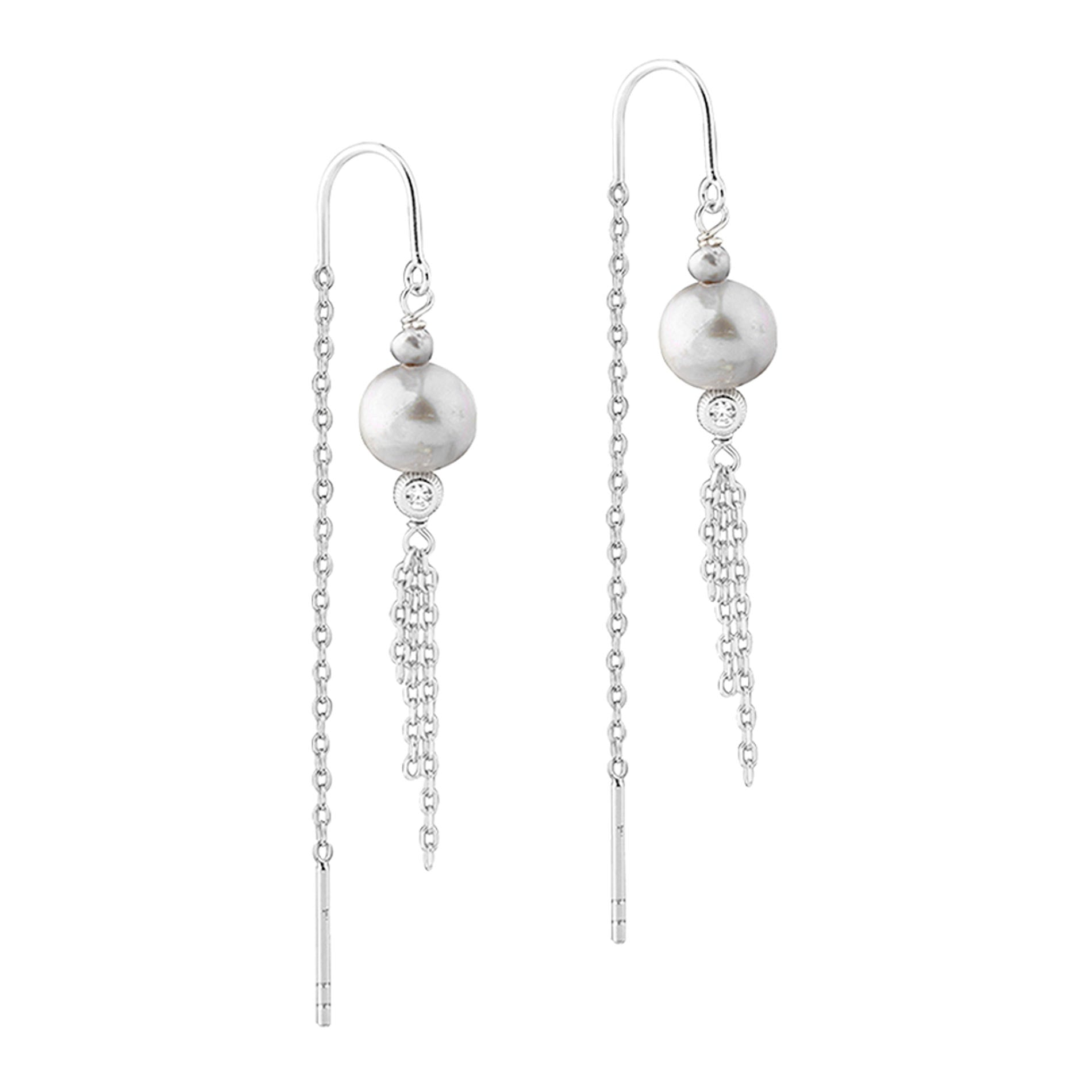 Aqua Dulce Whisper Pearl Thread øreringe i 925 sterling sølv med grå ferskvandsperle og klar zirkonia
