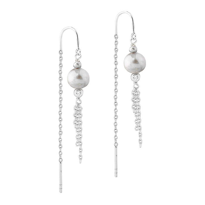 Aqua Dulce Whisper Pearl Thread øreringe i 925 sterling sølv med grå ferskvandsperle og klar zirkonia