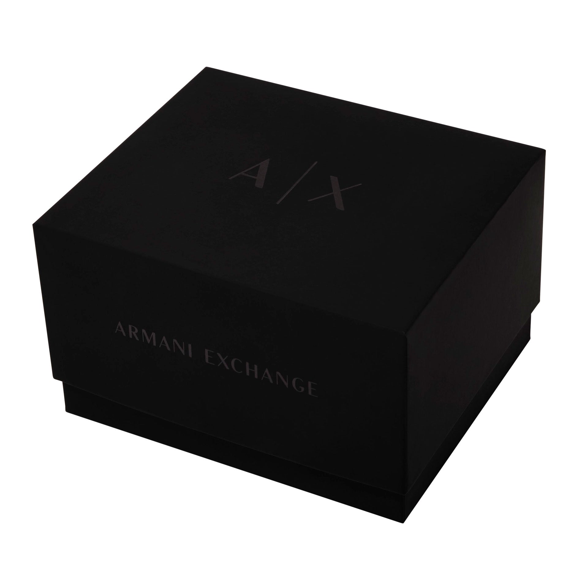 Sort. lukket æske. På låget står logoet AX og på siden Armani Exchange.