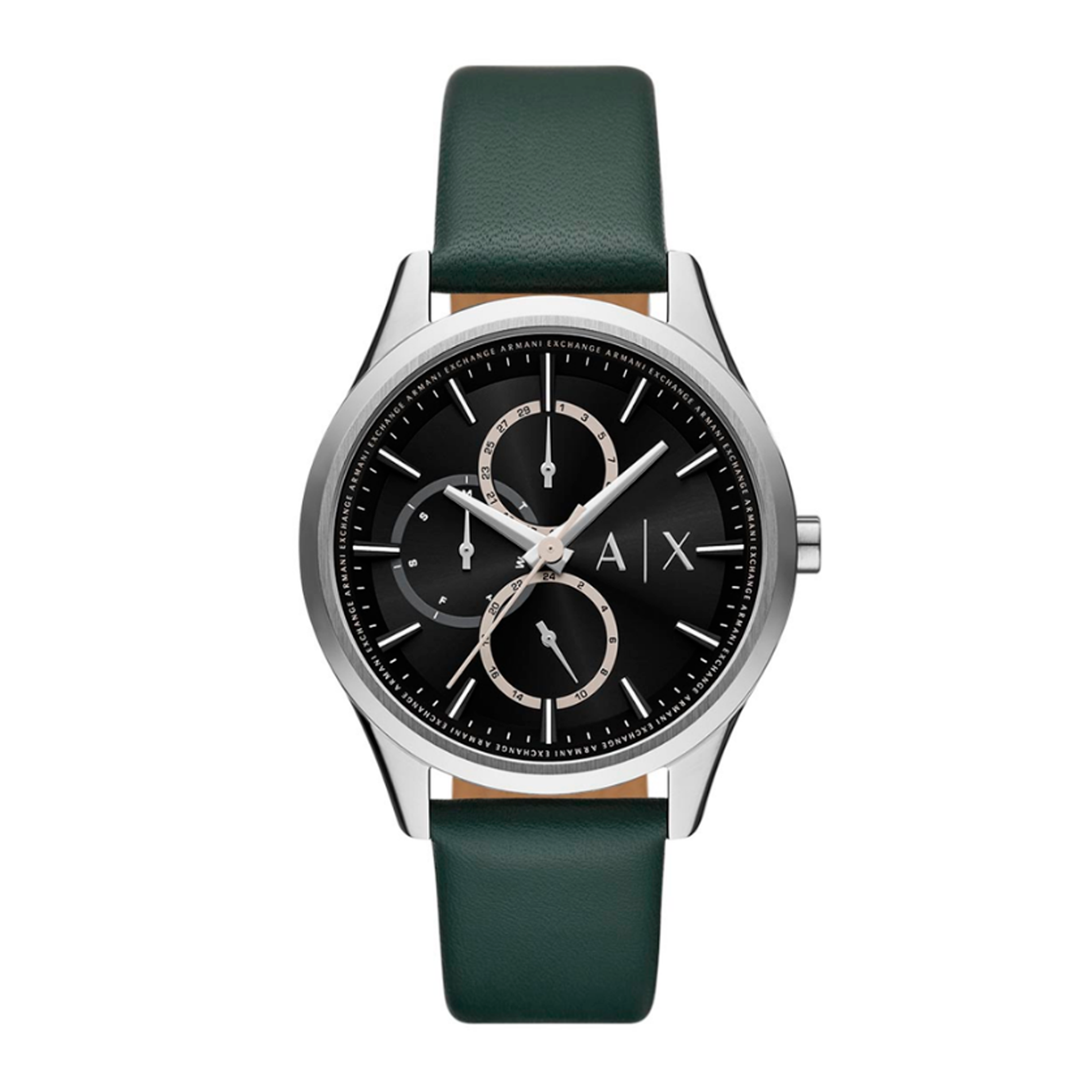 Armani Exchange Dante herreur 42 mm i stål med sort urskive og grøn læderrem
