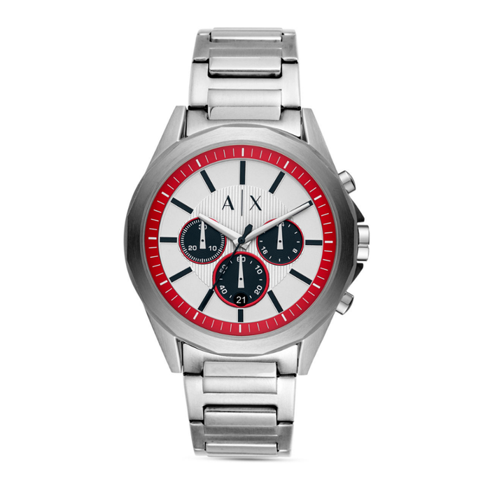 Armani Exchange Drexler herreur 44 mm i stål med kronograf og røde detaljer