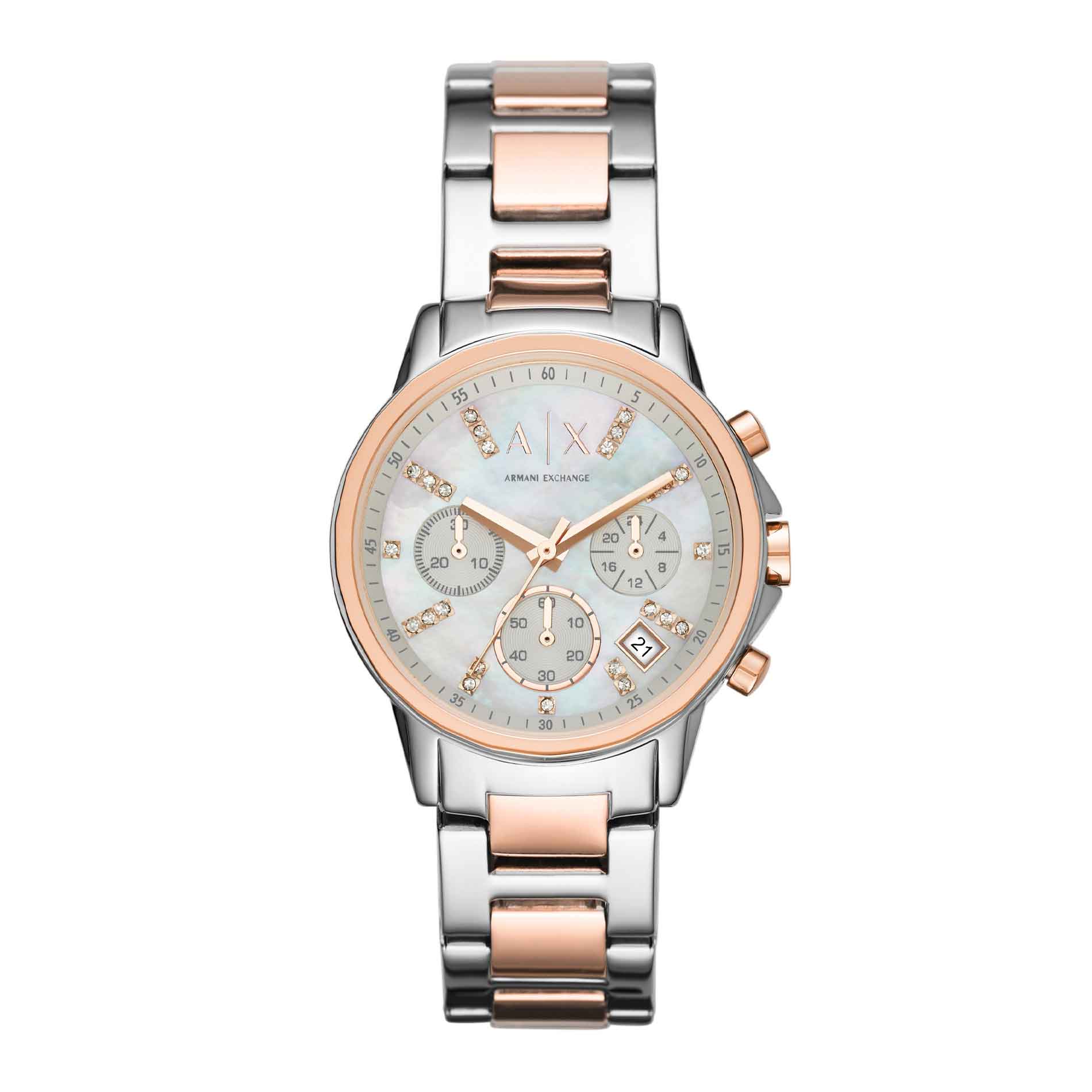 Armani Exchange AX4331 dame armbåndsur med stål/rosaguld-lænke og perlemor urskive. Uret er set forfra.