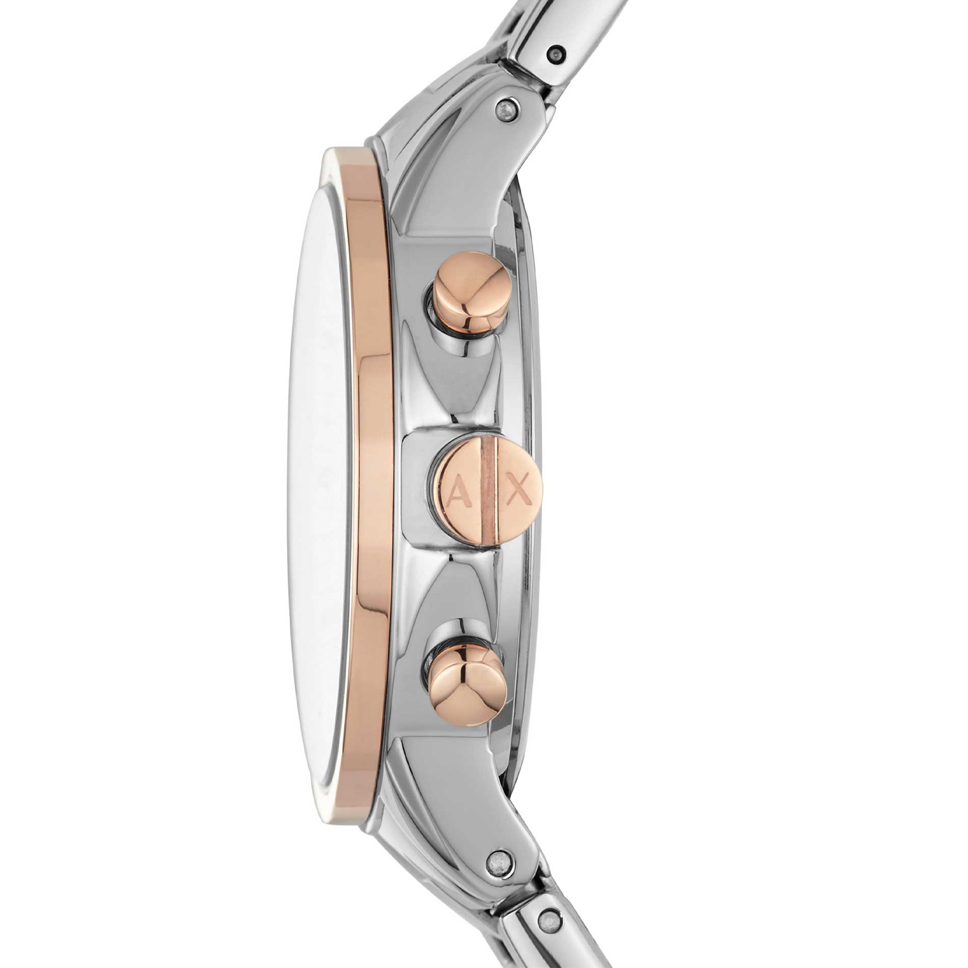 Armani Exchange AX4331 dame armbåndsur med stål/rosaguld-lænke og perlemor urskive. Uret er set fra siden.
