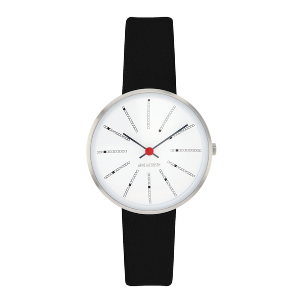 Arne Jacobsen Bankers armbåndsur 30 mm med hvid urskive og sort læderrem