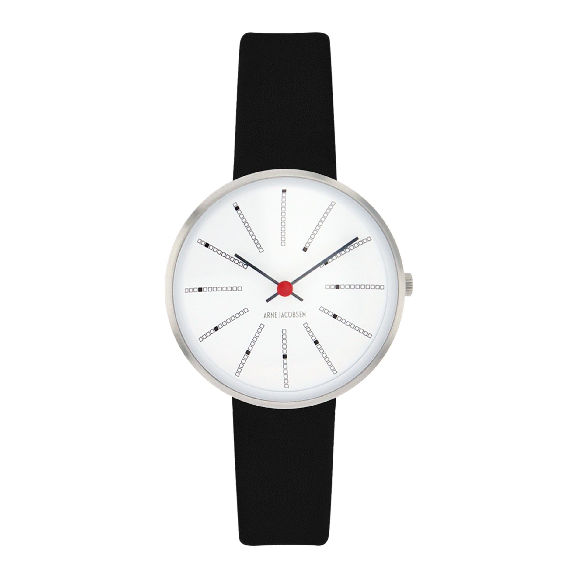 Arne Jacobsen Bankers armbåndsur 30 mm med hvid urskive og sort læderrem