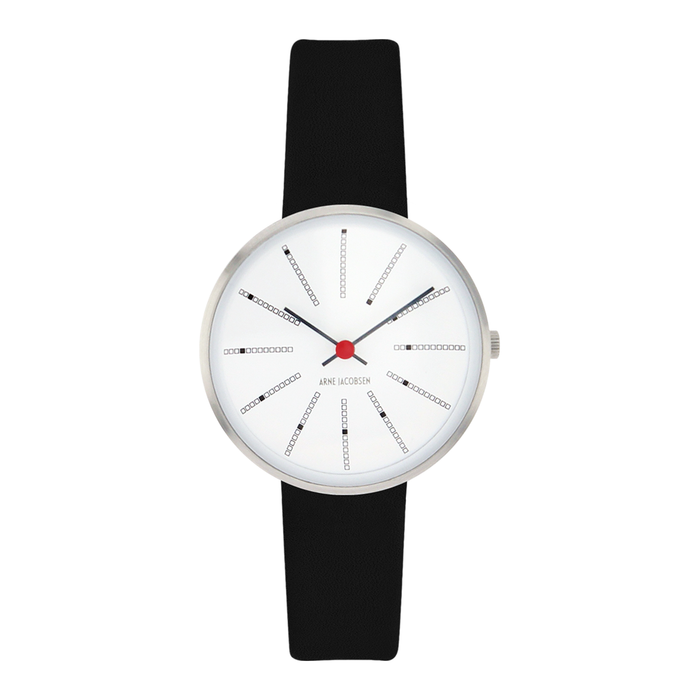 Arne Jacobsen Bankers armbåndsur 30 mm med hvid urskive og sort læderrem