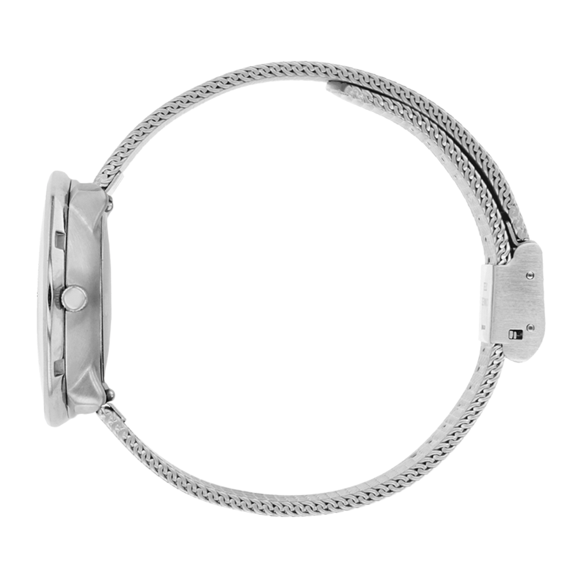 Arne Jacobsen Bankers ur set fra siden med mat mesh-rem i rustfrit stål