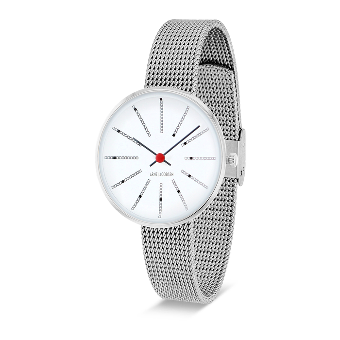 Arne Jacobsen Bankers armbåndsur 30 mm med hvid urskive og mesh-rem i stål