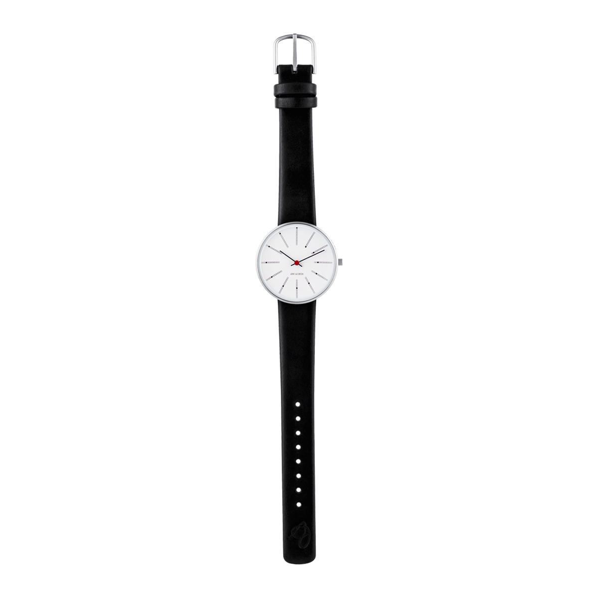 Arne Jacobsen Bankers 34 mm armbåndsur med sort læderrem og stålkasse.