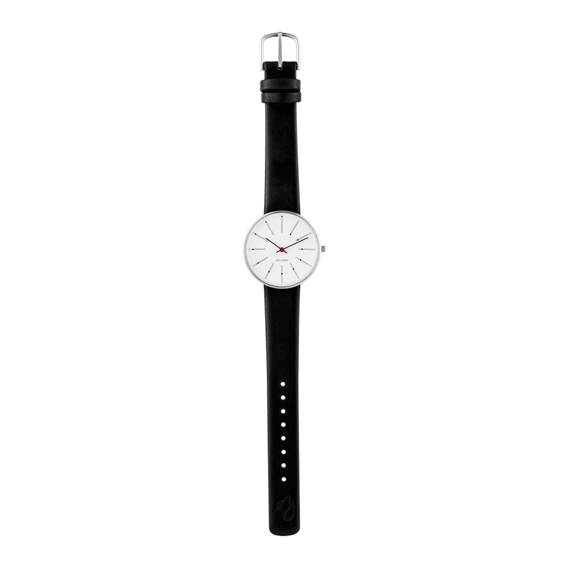 Arne Jacobsen Bankers 34 mm armbåndsur med sort læderrem og stålkasse.