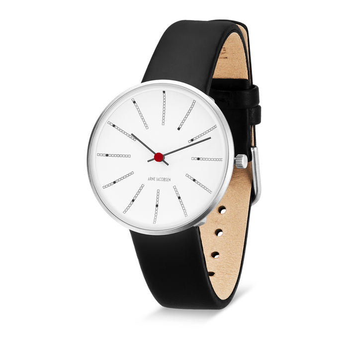 Arne Jacobsen Bankers armbåndsur 34 mm med hvid urskive og sort kalveskindsrem.