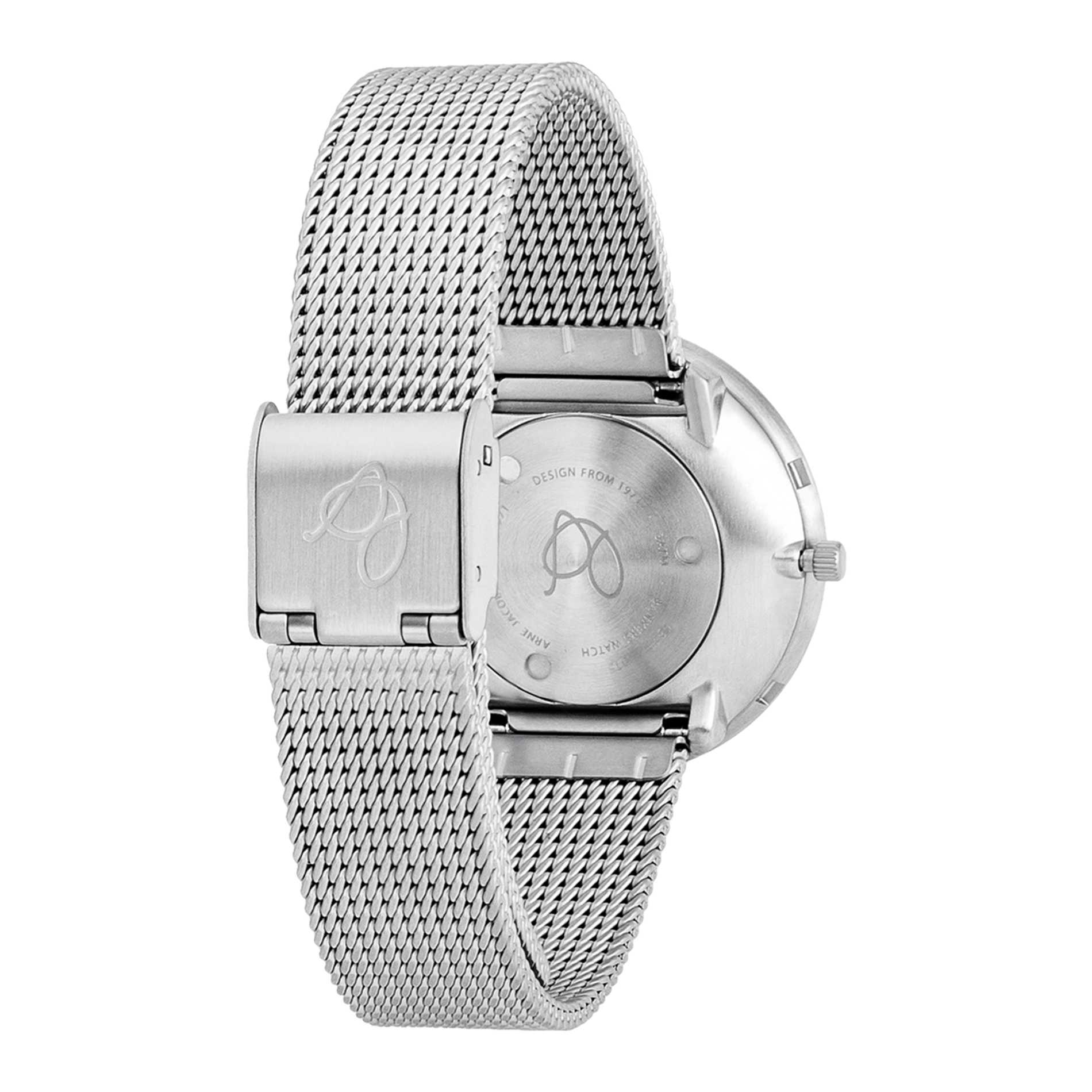 Bagside af Arne Jacobsen Bankers 34 mm ur med mat stål mesh-rem.
