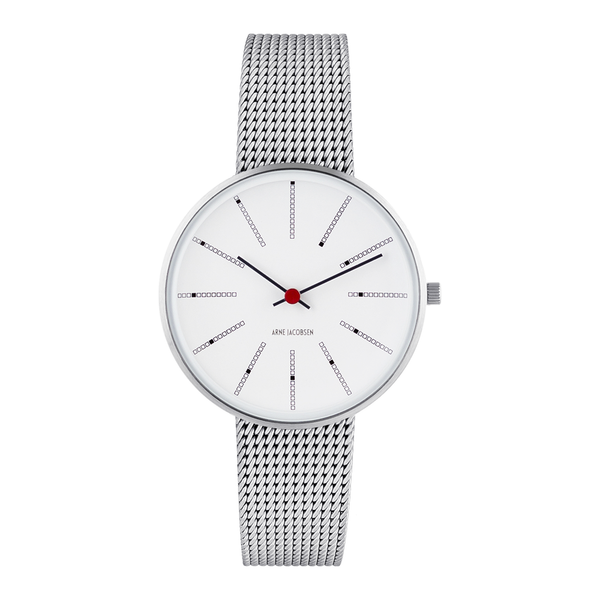 Frontvisning af Arne Jacobsen Bankers 34 mm ur med hvid urskive.