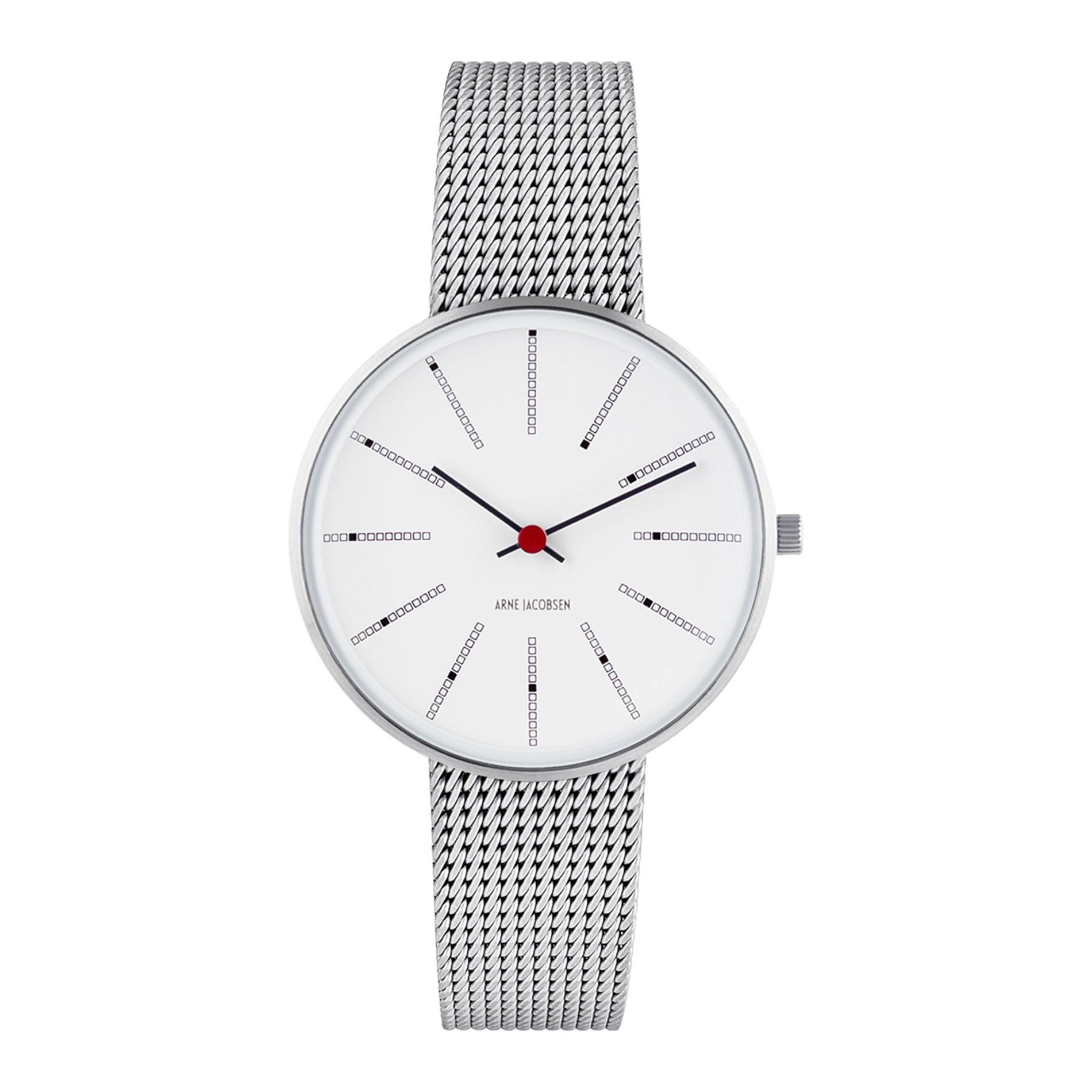Frontvisning af Arne Jacobsen Bankers 34 mm ur med hvid urskive.