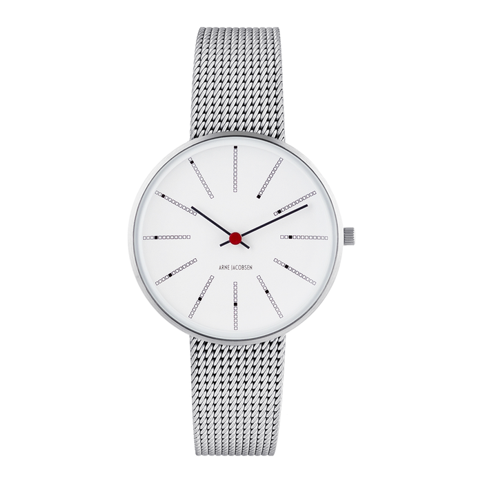 Frontvisning af Arne Jacobsen Bankers 34 mm ur med hvid urskive.