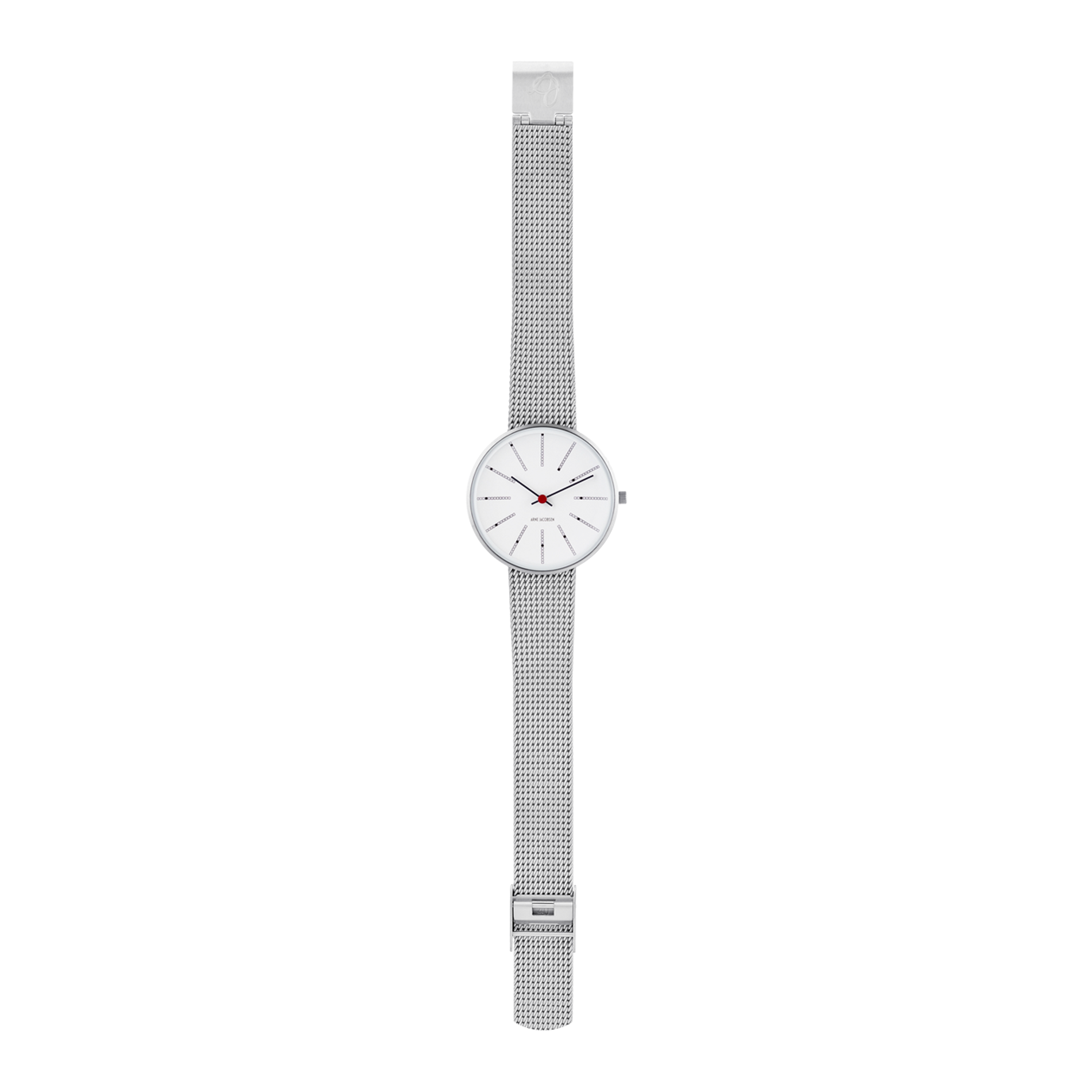 Arne Jacobsen Bankers 34 mm armbåndsur med hvid urskive og mat stålrem.
