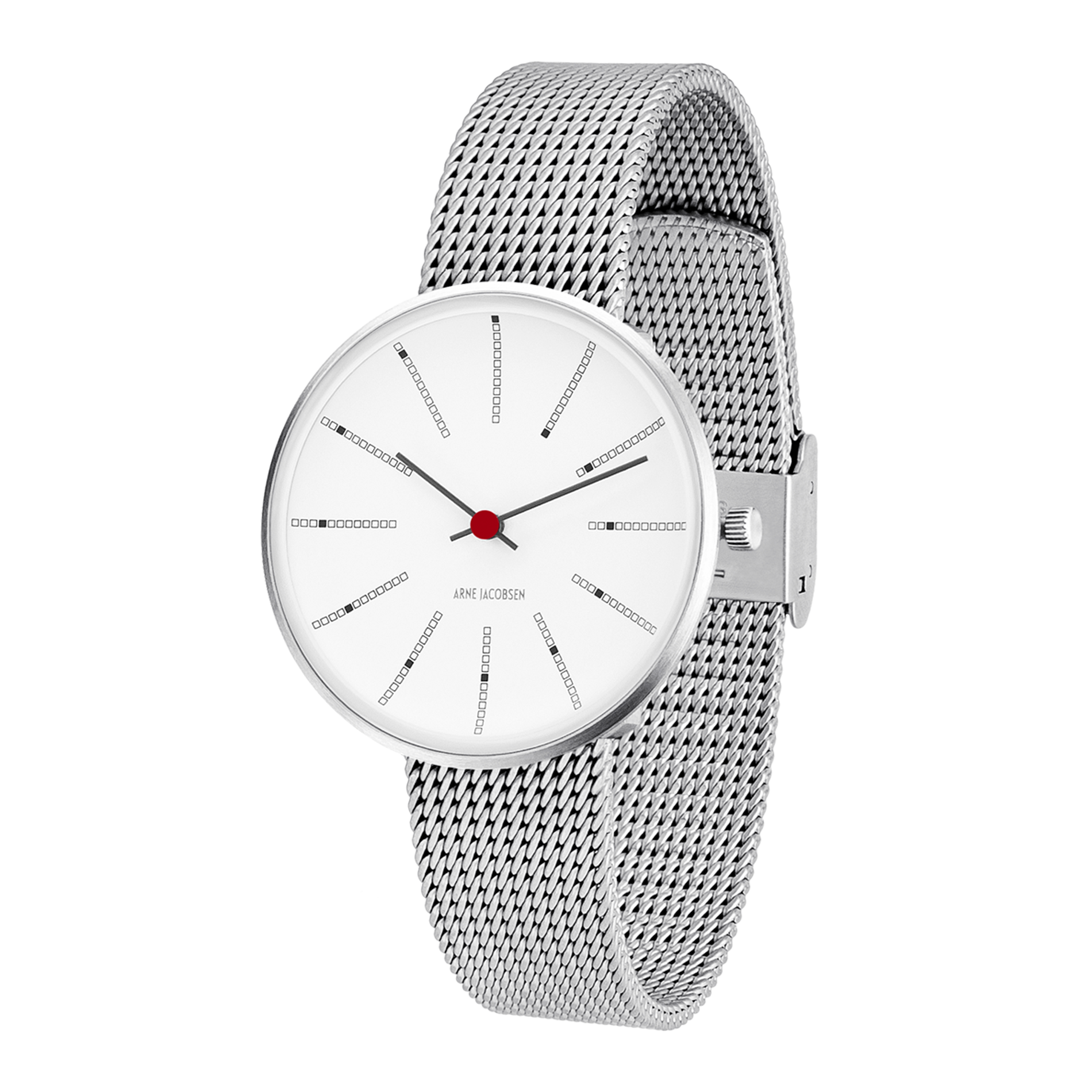 Arne Jacobsen Bankers armbåndsur med hvid urskive og mesh-rem i mat stål.