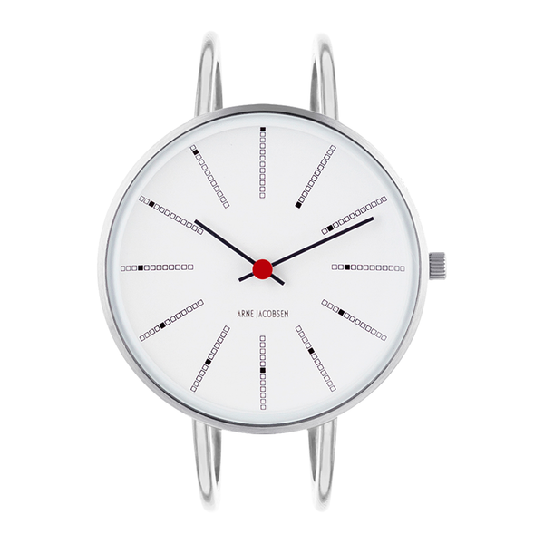 Frontvisning af Arne Jacobsen Bankers armbåndsur med hvid urskive.